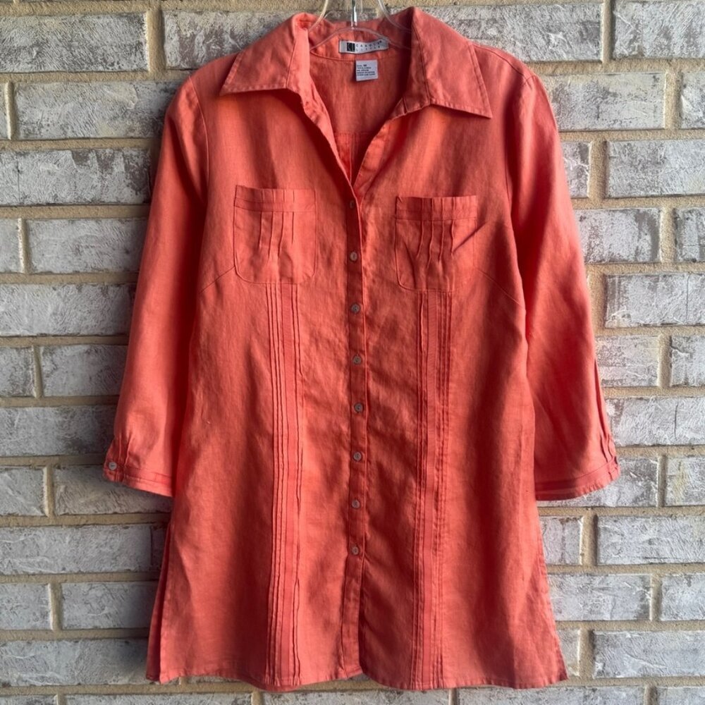 Carole Little 100% Linen 3/4 Sleeve Button Up Split Side Shirt Women's Size M